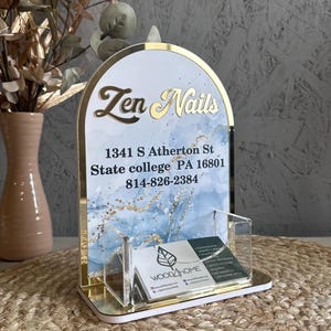 Tabletop marketing stand with business cards, business sign, salon desk sign, custom logo sign, acrylic sign, reception sign