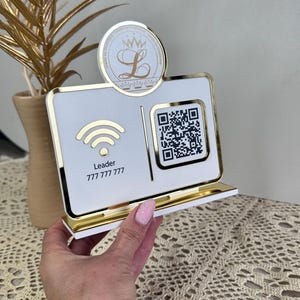 Stylish white wifi board for reception, reception acrylic stand, business wifi sign, acrylic wifi sign, salon wifi decor, acrylic qr sign