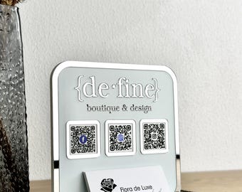 Zakelijke tafel met 3 Qr-links, qr-codebord, acryl qr-bord, salonbalie, qr-code winkel, acryl kaarthouder, cadeau ondernemer