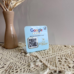Modern white NFC table, google review sign, QR code sign, business counter sign, small business tool, acrylic review sign