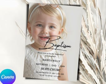 Baptism Invitation, Editable Digital Invite for Girl, Christening Card with Photo, Instant Download, Minimalist Religious Ceremony Invite