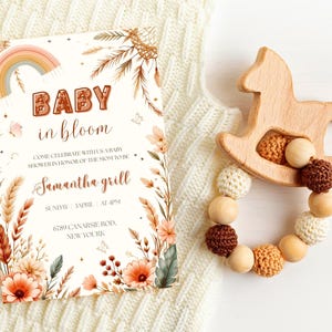 Baby in Bloom-Babyparty-Einladungen - Bearbeitbare Boho-Wildblumenvorlage, druckbarer digitaler Download Einladen für DIY-Party
