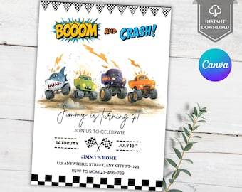 Watercolor Monster Truck Birthday Invitation,Kids Party Invite,Digital Download,Customizable monster Truck Party-Printable truck  invite