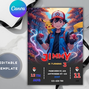 Carte d'invitation Pokémon modifiable, invitation de fête d'anniversaire, téléchargement immédiat Carte de fête Pokémon, invitation d'enfants