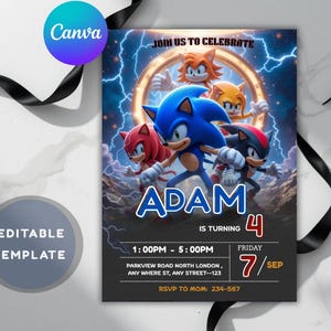 Sonic the Hedgehog 3 verjaardagsuitnodiging bewerkbaar op canvas - Super Hedgehog Boys-feestuitnodiging Sonic uitnodigingssjabloon