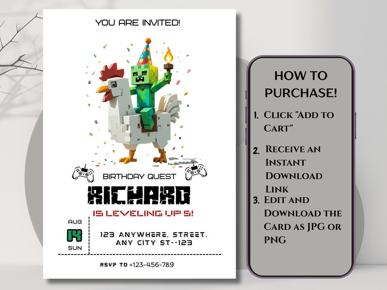 Minecraft Invitation, Editable Printable Party Invite, Gamer Birthday ...
