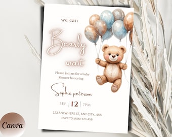Cute Teddy Bear First Birthday Invitation - Printable Party Invite, Instant Download, Happy Birthday Card