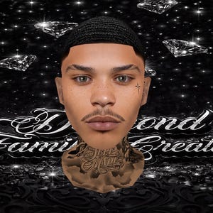 Könnte beinhalten: Digitales Kunstwerk eines Gesichts mit Wellenmütze, Schnurrbart und Hals-Tattoo. Der Hintergrund ist schwarz mit Diamanten und dem Text "Diamond Family Creations" in dekorativer Schrift.