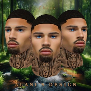 以下が含まれることがあります： 青い目と黒い髪の男性の顔が3つ描かれたデジタルアート。各顔には、首に翼のあるライオンのタトゥーがあります。背景は川のある森の風景です。「Chris」と「ALANI'S DESIGN」の文字が見えます。
