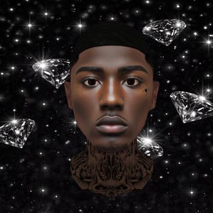 May include: Digital art portrait of a person with dark skin, surrounded by sparkling diamonds against a starry black background. The person has a tattoo on their neck and a small facial tattoo.