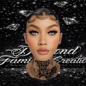 以下が含まれることがあります： 「Trust No One」のタトゥーが入った女性のデジタルアートポートレート。背景は黒で、輝くダイヤモンドの形と、筆記体フォントで「Diamond Family Creations」という文字が描かれています。