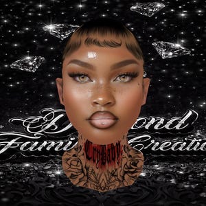 以下が含まれることがあります： 茶色の肌、明るい目、唇にピアスをした女性のデジタルアートポートレート。画像は、輝くダイヤモンドのアクセントと、筆記体フォントの「Diamond Family Creations」というテキストを備えた黒い背景が特徴です。