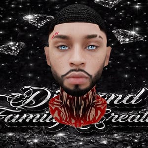 May include: Digital artwork of a face with blue eyes, a beard, and a black durag. The image includes diamond graphics and the text "Diamond Family Creations" in a decorative font, set against a sparkling black background.