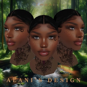 以下が含まれることがあります： デジタルアート。肌が黒く、そばかすがあり、目の近くにハートのタトゥーがある女性の、様式化された3つの肖像画。肖像画は、ぼやけた森の背景に設定されています。「ALANI'S DESIGN」というテキストが下にあります。