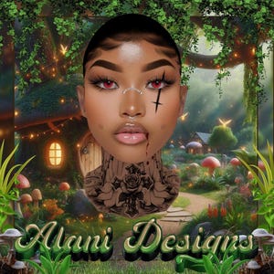 May include: Digital artwork of a woman's face with red eyes, a cross tattoo, and a neck tattoo. The background shows a fantasy forest scene with a mushroom house and the text "Alani Designs" in a green, 3D font.