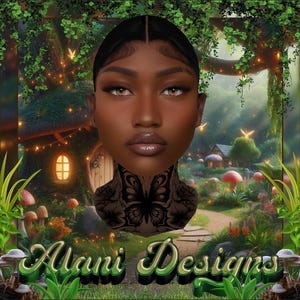 以下が含まれることがあります： ファンタジーの森を背景に、首に蝶のタトゥーが入った女性の顔を描いたデジタルアート。画像には、緑色の3Dフォントで「Alani Designs」というテキスト、キノコ、妖精の光が含まれています。