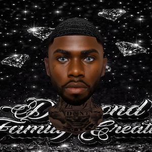 以下が含まれることがあります： デジタルアート。水色の目とウェーブヘアスタイルの人物の様式化された肖像画。黒い背景にダイヤモンドのアクセント。テキスト「Diamond Family Creations」は装飾的なフォントで表示されます。