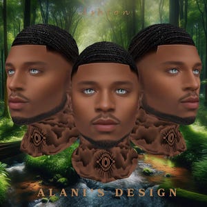 以下が含まれることがあります： デジタルアート。肌が黒く、黒髪で、水色の目をした男性の顔が3つ描かれています。それぞれの顔には、目のデザインの首のタトゥーがあります。背景はぼやけた森の風景です。上部には「Ashton」、下部には「ALANI'S DESIGN」と書かれています。