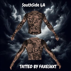 May include: Two long-sleeved tattoo shirts with intricate black and gray designs. The top shirt features a family portrait and the text "SouthSide LA." The bottom shirt displays various tattoos and the text "TATTED BY FAXESHTX."