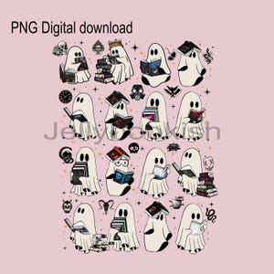 May include: A digital graphic featuring multiple white ghost illustrations reading various books, interspersed with small icons like skulls, stars, and snakes. The text PNG Digital download appears at the top, and Jellyfish is visible in the center.