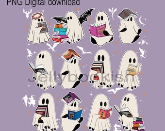 Bookish Halloween Ghost Reading PNG, Fantasy Books Digital Download