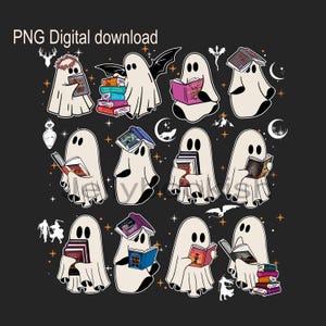 May include: A digital graphic featuring cartoon ghosts reading books. The ghosts are white with black eyes and are surrounded by stars, bats, and crescent moons. The text "PNG Digital download" is at the top of the image.