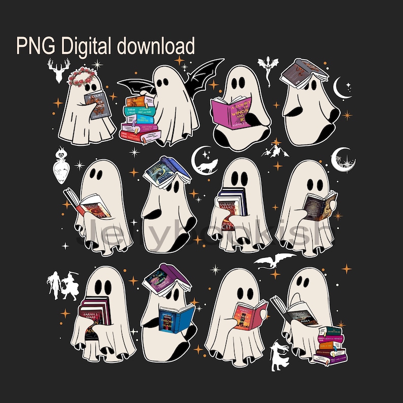 May include: A digital graphic featuring cartoon ghosts reading books. The ghosts are white with black eyes and are surrounded by stars, bats, and crescent moons. The text "PNG Digital download" is at the top of the image.