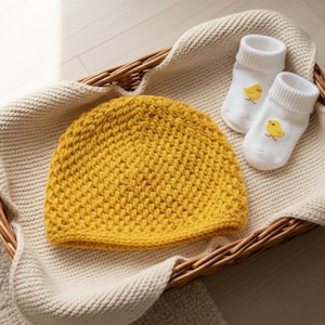 Puede incluir: Un gorro amarillo tejido y un par de calcetines blancos para bebé con diseños de pollitos amarillos descansan en una cesta de mimbre forrada con una manta color crema. Los artículos están sobre una superficie de madera clara.