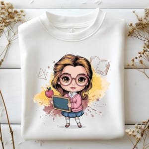 Chibi Belle Teacher Png, Back to School Cute Girl Clipart, Book and Chalkboard Cartoon Design, Fall Study Sublimation Art, Instant Download