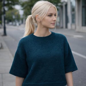 May include: A teal-colored sweater with short sleeves. The sweater has a crew neck and a slightly loose fit. The material appears to be a soft knit. The background shows a street scene with buildings and trees.
