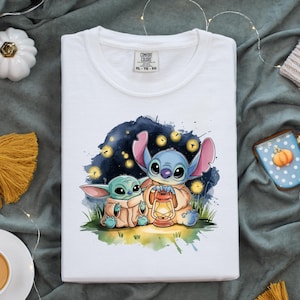 Stitch and Baby Yoda Lantern Night Png, Cute Cartoon Glow Scene, Campfire Style Illustration, Digital File for Sublimation