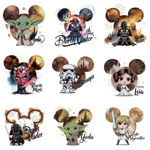 Pacote de PNG de Estrelas Chibi, Clipart de Yoda Vader, Leia Luke, Personagens de Desenhos Animados Espaciais para Sublimação, Download Instantâneo de Jedi Fofo