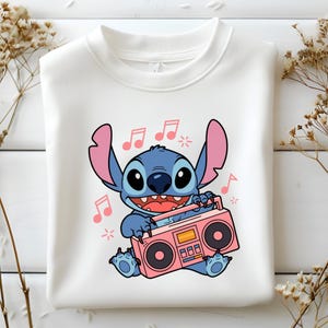 Pink Boombox Stitch Png, Cute Cartoon Music Clipart, Kawaii Alien Design for Girls, Pastel Notes Sublimation File, Instant Download