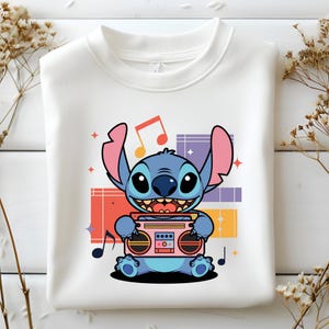 Colorful Stitch Png, Music Boombox Cartoon Clipart, Bright Notes Design, Kawaii Alien Style, Party Theme Sublimation, Instant Download
