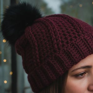 Crochet Hat Pattern PDF, Ribbed Pom Pom Beanie, Adult 18 Inch Circumference