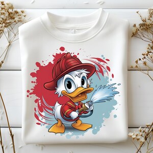 Firefighter Donald Png, Cute Duck in Fireman Outfit Clipart, Kids Cartoon Hero Design, Red Blue Splash Sublimation, Instant Digital Download