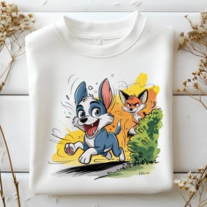 Bolt y Tod (PNG), divertida caricatura de persecución, diseño de dúo de perro y zorro, arte de animales chibi para niños, descarga digital instantánea