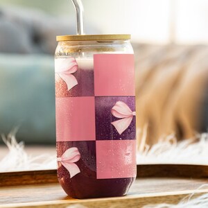 Pink Bow Sipper Glass, Coquette Sipper, Coffee Lover, Cute Gift for her, Coquette Bow Glass, Pink Glass, Coquette Mom Iced Coffee 16oz