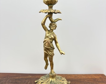 Vintage Roman Neoclassical Inspired Candle Holder - Gold Gilt Iron Taper Holder - Mythological Wine Bearer - Greek Torch Bearer- Romantic