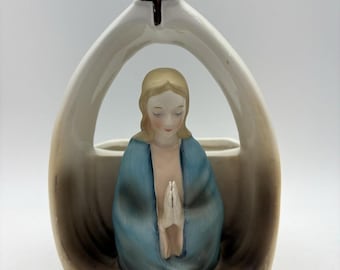 Vintage Ceramic Virgin Mary Praying Planter or Desk Organizer with Cross Accent