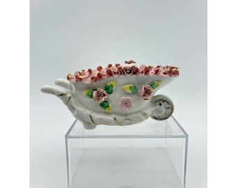 Vintage Royal Japan Bone China Lace Wheelbarrow Planter – Handpainted Floral Pink Ruffle Flowers