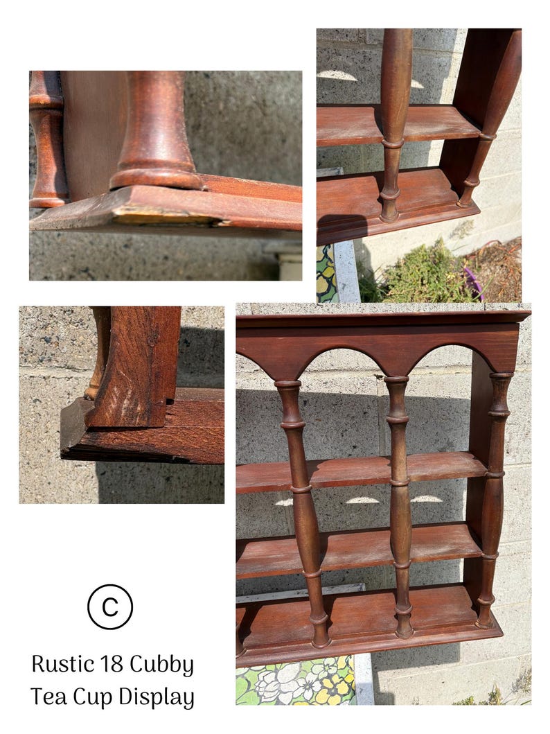 May include: A brown wooden wall-mounted display shelf featuring eighteen individual cubbies for tea cups. The unit has arched top detailing and vertical spindle-style dividers. The text "C Rustic 18 Cubby Tea Cup Display" is printed below.