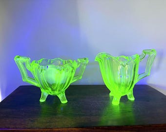 Vintage Green Uranium Depression Glass Cream and Sugar Set