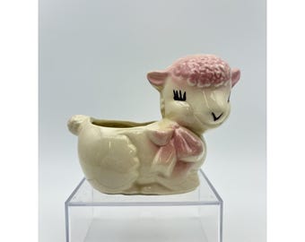 Vintage Lamb Planter with Pink Bow – Mid Century Nursery Decor – Kitsch Ceramic Figurine