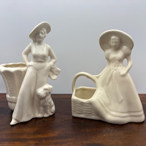 Vintage Ceramic Lady Planter Set – Southern Belle Style – White Pottery Figurines – Mid-Century Cottagecore Decor