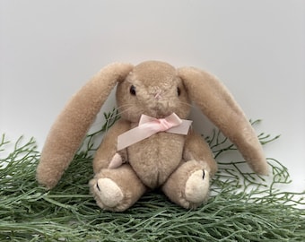 Vintage Jointed Long Eared Bunny Plush – Pink Ribbon Easter Rabbit Stuffed Animal
