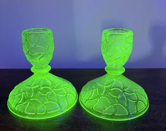 Vintage Pair of Uranium Glass Candle Holders with Floral Motif, Depression Era