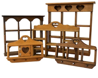 Vintage Country Cottage Wooden Wall Shelf: Heart Cutouts & Cubbies