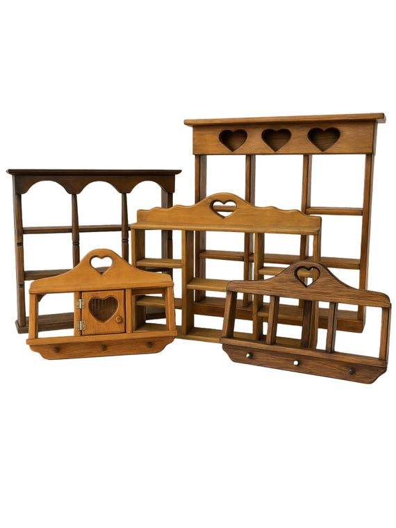 Vintage Country Cottage Wooden Wall Shelf: Heart Cutouts & Cubbies