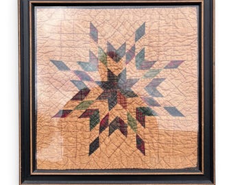 Framed Antique Lone Star Quilt Square, Wool Plaid Patchwork, 19.75 Inch Modern Heritage Wall Art